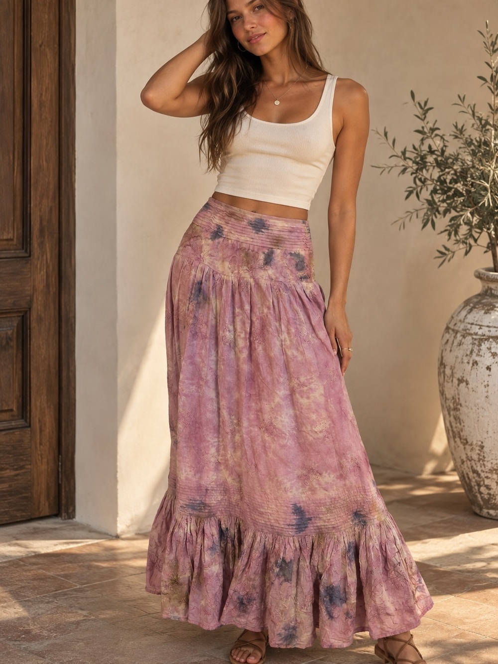 Anthropologie NWT Size S Pink Tie Dye Embroidered Ruffle Maxi Skirt Boho